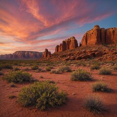 "A remote desert landscape during sunset, with dramatic red rock formations, sparse vegetation, and a vivid sky filled with warm pink and orange hues"