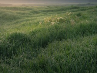 Serene sunrise over dew-kissed grassland meadow
