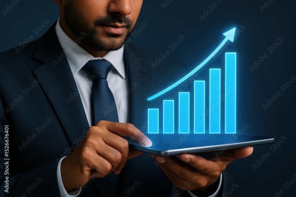 Poster businessman suit using tablet with glowing digital graph showing