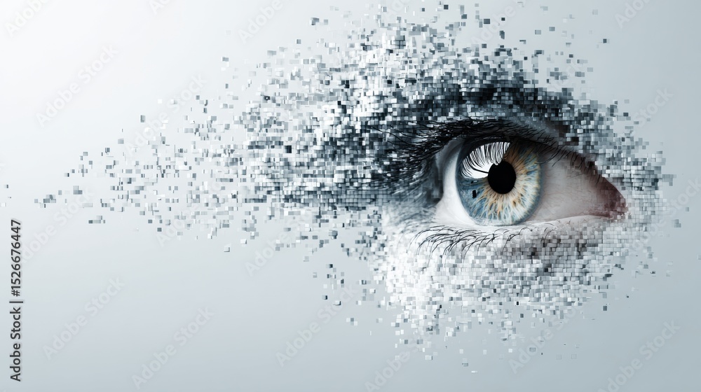 Leinwandbilder Dissolving Pixelated Eye Icon Transitioning Into a Clean Digital Space in a Minimalistic Composition