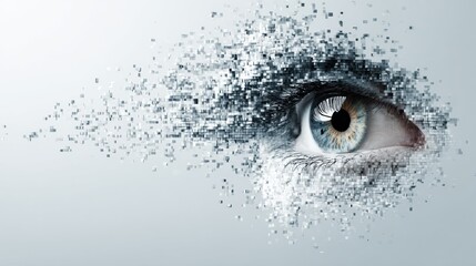 Dissolving Pixelated Eye Icon Transitioning Into a Clean Digital Space in a Minimalistic Composition