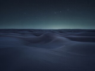 Starry night over rolling sand dunes desert landscape