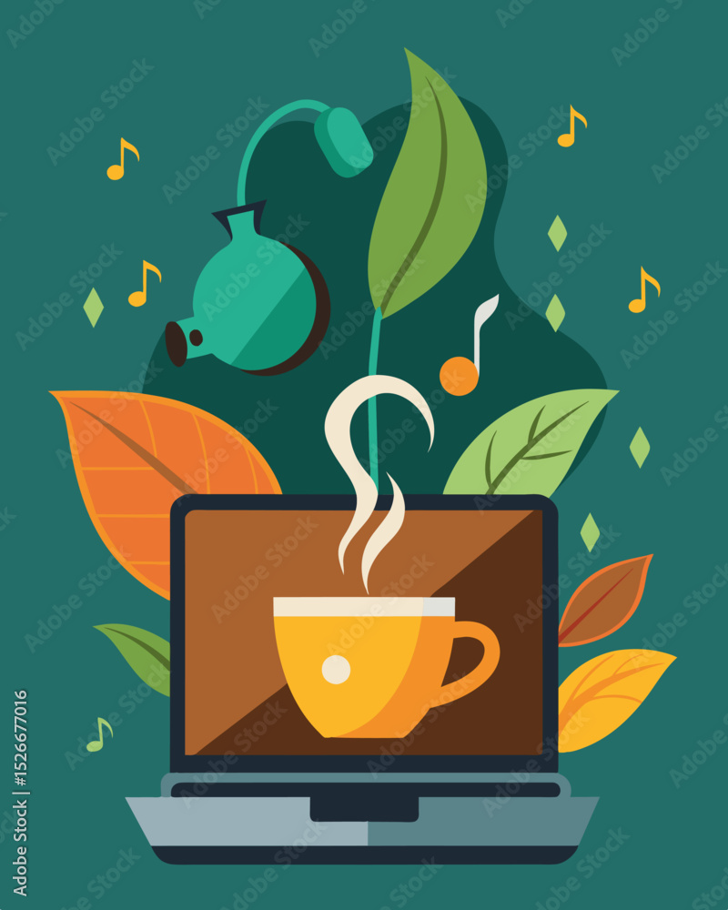 Poster the aroma of freshly brewed tea blends with the sound of keys clicking on a laptop creating a sympho