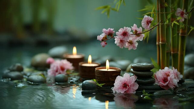 calm peaceful spa background, pink flower with candle light at nature stream in garden 