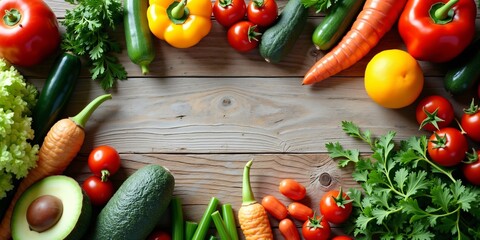  Kitchen Countertop with Fruits, Vegetables and Copy Space