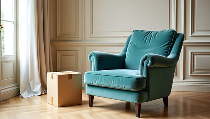 Comfortable teal armchair beside a cardboard box in bright room  
