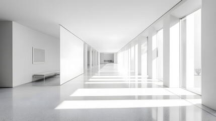 Obraz premium Bright, minimalist white hallway with large windows and clean lines creates serene atmosphere