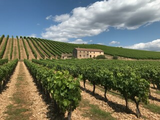 Vineyard landscape sunny day farmhouse rows grapes