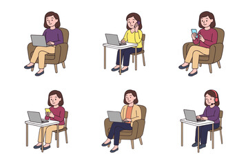 Hand-drawn set of female digital professionals working remotely with laptops and smartphones. Women in different poses and settings. Clean line art vector illustration isolated on white background