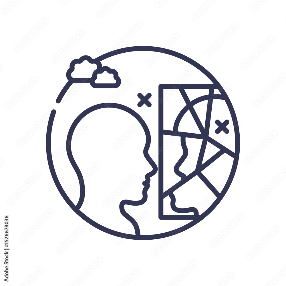 Poster silhouette facing a fragmented mirror, symbolizing distorted self-perception.