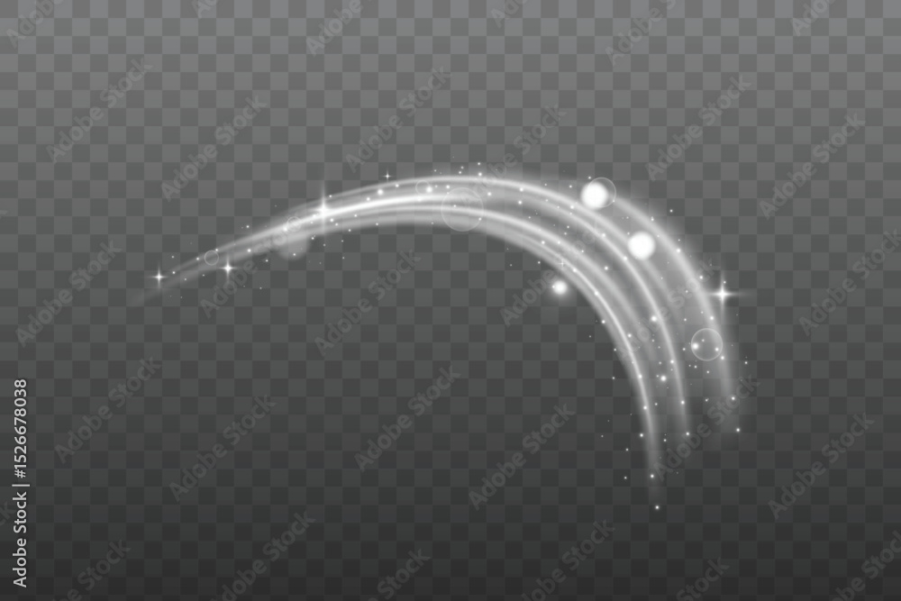 Poster Curve light effect of motion wave. Dynamic white trail, fire path trace line, car lights, optic fiber and incandescence curve twirl. Sparkling translucent comet bokeh. Neon vector speed flying trails