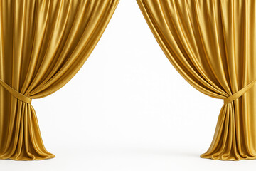 The curtains are gold and are open to reveal a white background. The curtains are drawn open to create a sense of openness and space