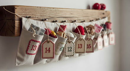 Handcrafted Advent Calendar Hanging on Wooden Beam With Small Gifts