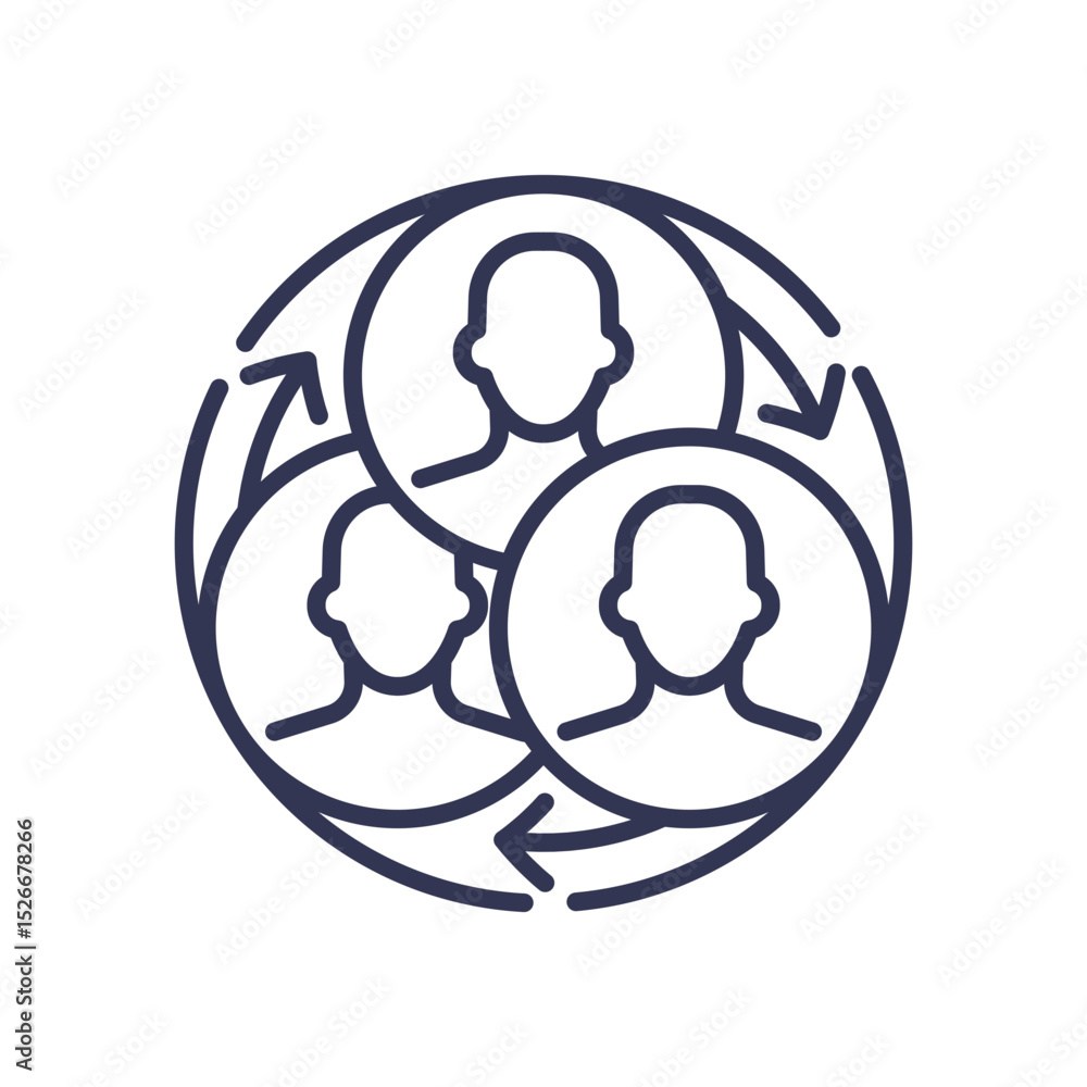 Poster three silhouettes in a circle with arrows, symbolizing cyclical recurrence and teamwork.