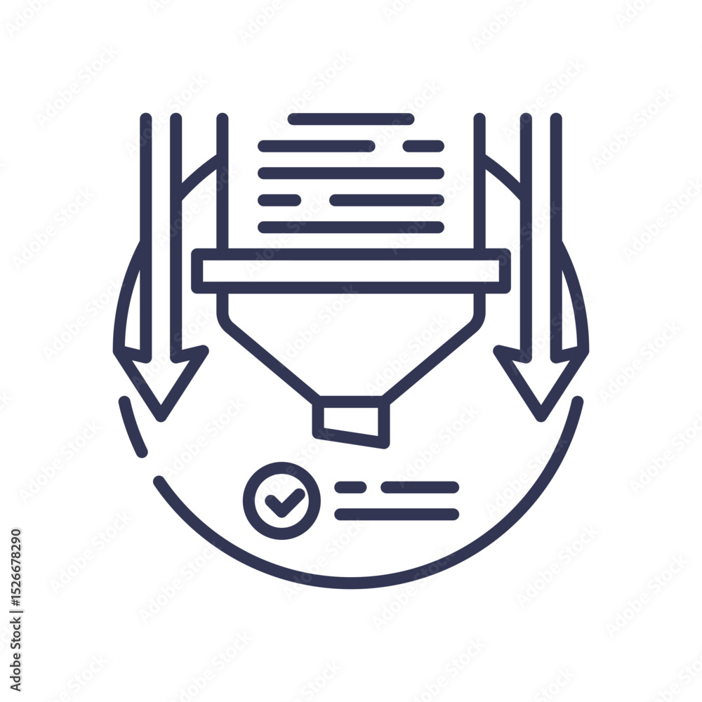 Poster illustration of data filtering with a funnel and arrows, symbolizing refined queries.