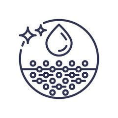 Illustration of moisture retention with water droplet and particles symbolizing hydration.