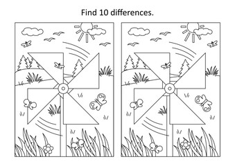 Pinwheel toy difference game and coloring page

