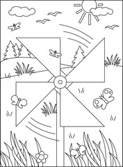Pinwheel toy coloring page in outdoor scene
