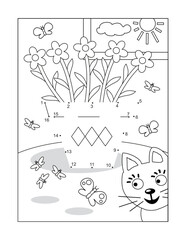 Potted flowers dot-to-dot hidden picture puzzle and coloring page, poster, or activity sheet with flower pot, butterflies and funny curious cat
