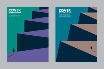 Abstract vector illustration of a person facing geometric cliffs with bold shadows and perspective. Modern conceptual background for cover design or creative storytelling.