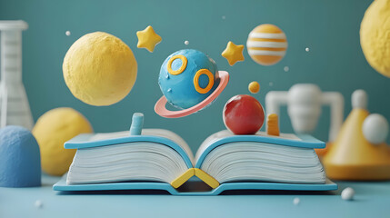 Colorful 3D Render of Open Book with Planets and Stars