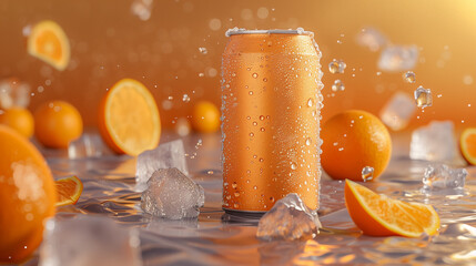 Chilled aluminum can with frost and water droplets, surrounded by floating orange slices and ice cubes on pastel orange background