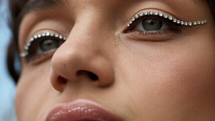 Naklejka premium Close-up of female with rhinestone eyeliner makeup look