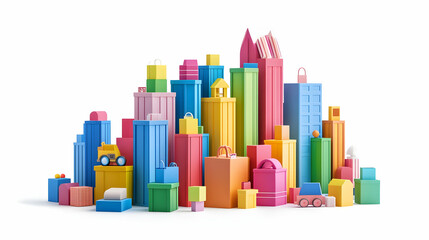 Colorful 3D Rendered Cityscape of Toy Blocks and Buildings