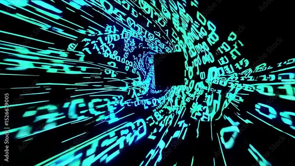 Poster digital data stream in bright colors, abstract representation of information flow and technology