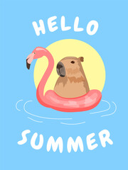 Capybara. Poster, banner. Hello summer, sea, swimming ring and capybara