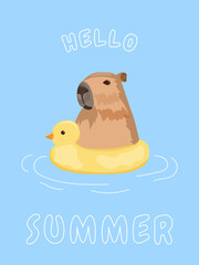 Capybara with a swimming ring. Summer theme poster, banner. Hello summer. Illustration with a capybara