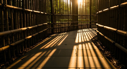 Fototapeta premium Sunlight Streaming Through Bamboo Forest Creating Striking Shadow Patterns