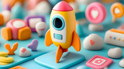 Colorful 3D Rocket Launching Among Social Media Icons
