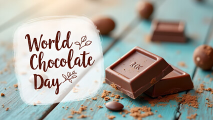 Celebrate World Chocolate Day with delicious treats and cocoa delights displayed on blue wood