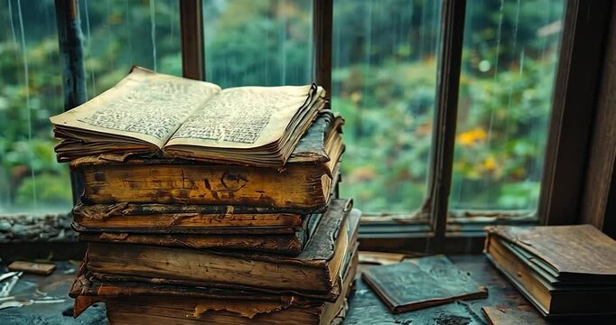 Pile of old books by the window in a rainy day, with a blurred background and lensflare