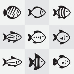 Set of nine unique fish vector illustrations in a minimalist black and white style, perfect for branding, stock image submissions, and digital design projects
