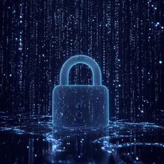 The lock is centered on a dark background filled with vertical binary code (ones and zeros) streaming down in a digital rain effect. . High quality photo