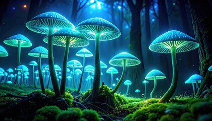 Fototapeta premium Enchanted Forest Mushrooms: A whimsical and magical forest scene comes to life with luminous, glowing mushrooms, creating an ethereal and otherworldly atmosphere.