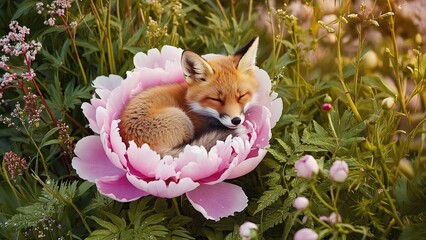 Fox resting in a flower garden at sunset