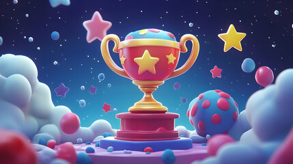 Colorful Cartoon Trophy on Stage with Stars and Clouds