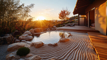 Serene Sunset at Modern Zen Garden with Koi Pond and Wooden Deck