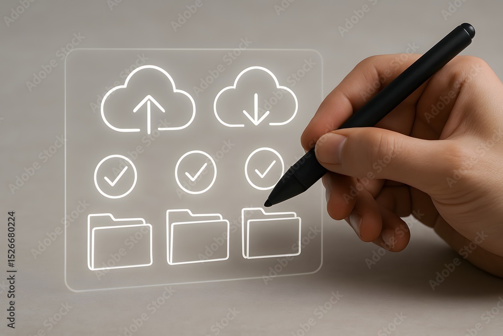 Aufkleber hand using stylus on transparent screen showing cloud storage and file management icons. data synchr