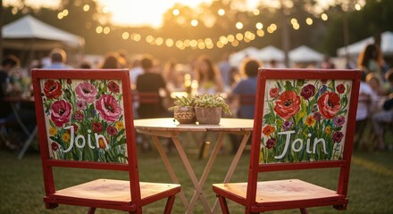 Atmospheric outdoor event with floral-painted chairs inviting participation, bathed in warm sunlight.
