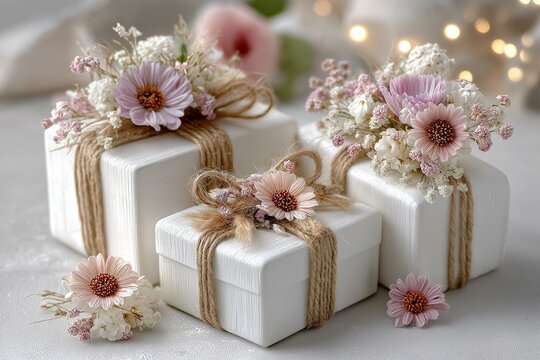 Elegant gift boxes adorned with delicate flowers and twine, perfect for special occasions.