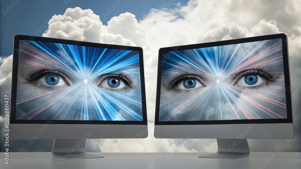 Fototapete two computer monitors display vibrant, abstract graphics of eyes with light rays, set against a back