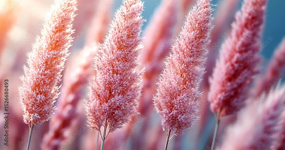 Poster close-up of pink feather grass with soft focus in daylight, with a background that suggests daylight