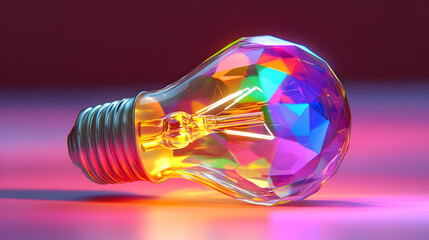 Colorful Faceted Lightbulb on Pink Surface