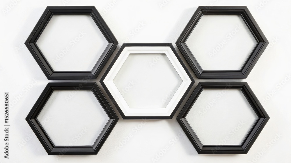 Poster a unique arrangement of hexagonal picture frames on a wall, designed for displaying photos or artwor