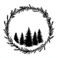 Christmas Wreath Silhouette. Minimalist Circle Frame with Christmas Tree Border