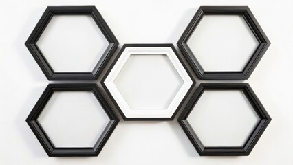 A unique arrangement of hexagonal picture frames on a wall, designed for displaying photos or artwork in a modern aesthetic.